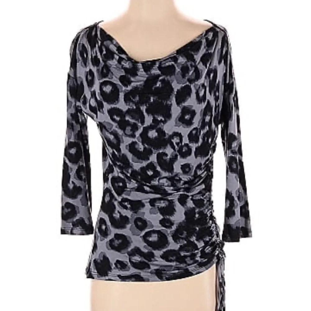 Michael Kors Leopard Print Ruched Top Cowl Neck Long Sleeve Blouse Small